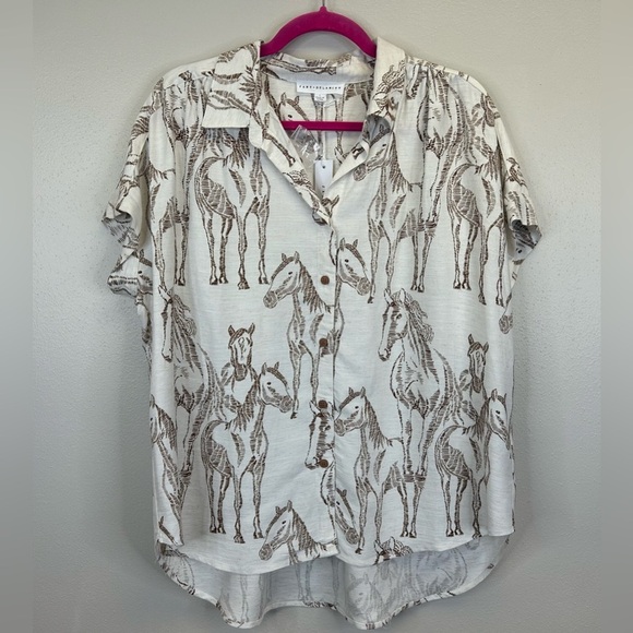 Jane and Delancey Womens L NWT White and Brown Horse Print Button-Down Shirt - Picture 2 of 11